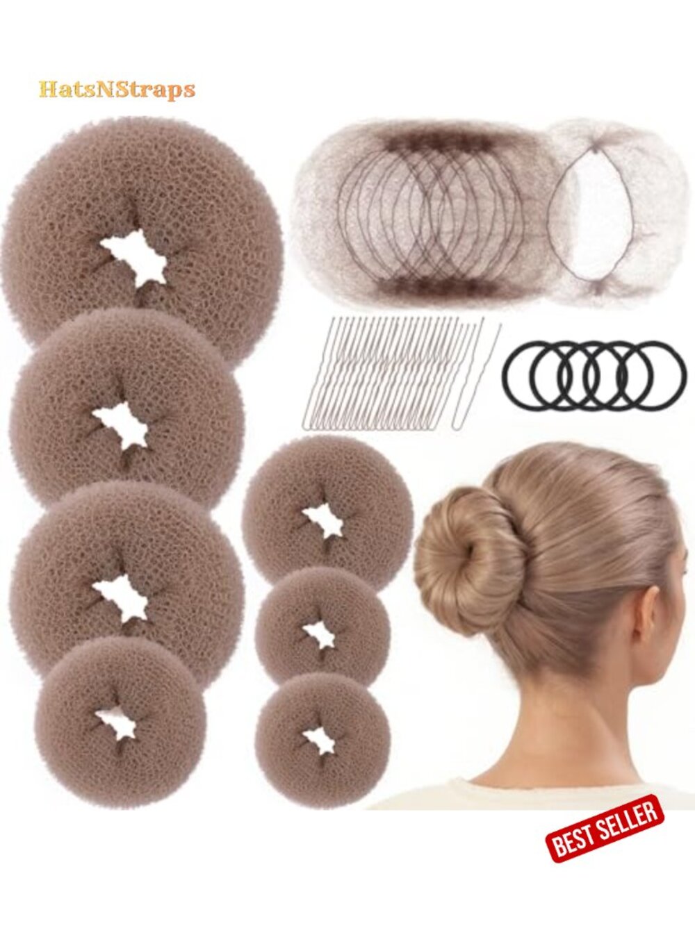7 Pc Hair Bun Maker Set with Donuts Nets Pins Elastics